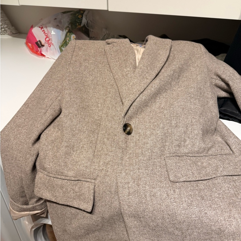 Zara Taupe Herringbone Single-Button Blazer